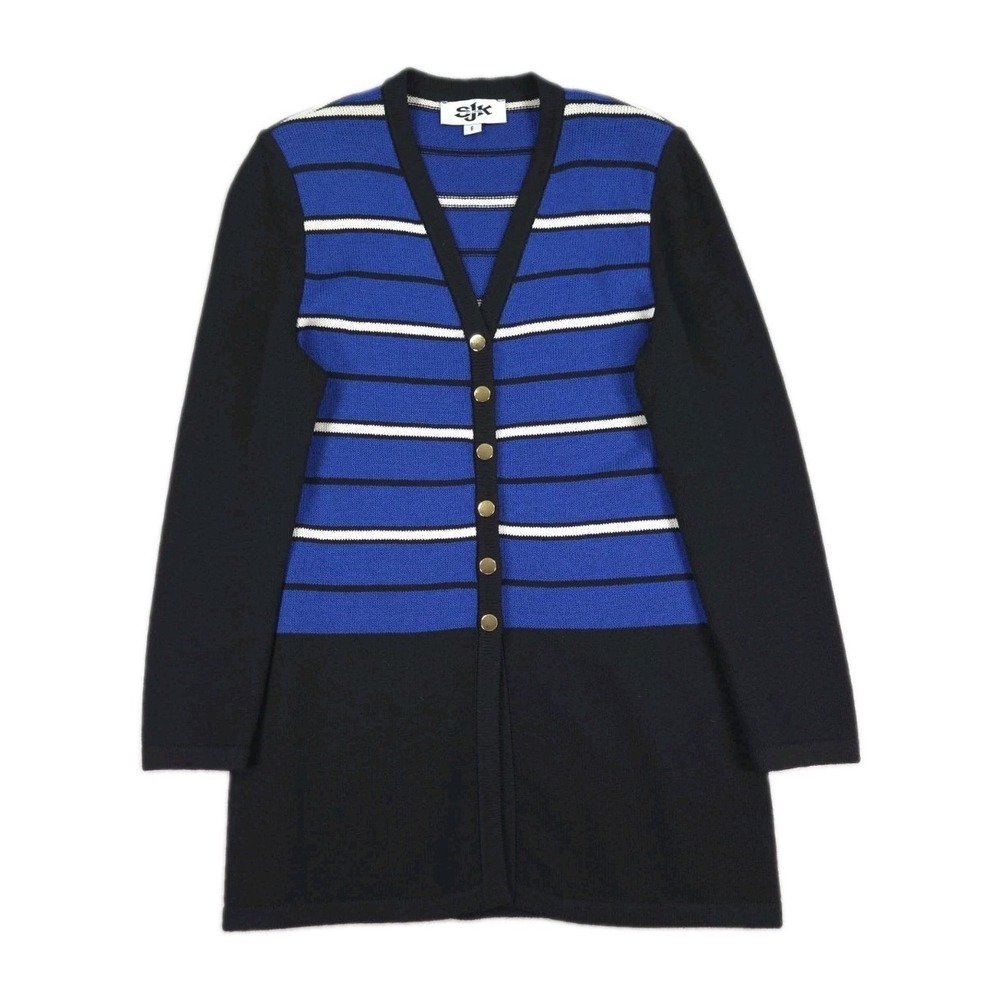 St John Knit Sweater Jacket Size 8 Cardigan Striped Gold Button Up SJK Vintage